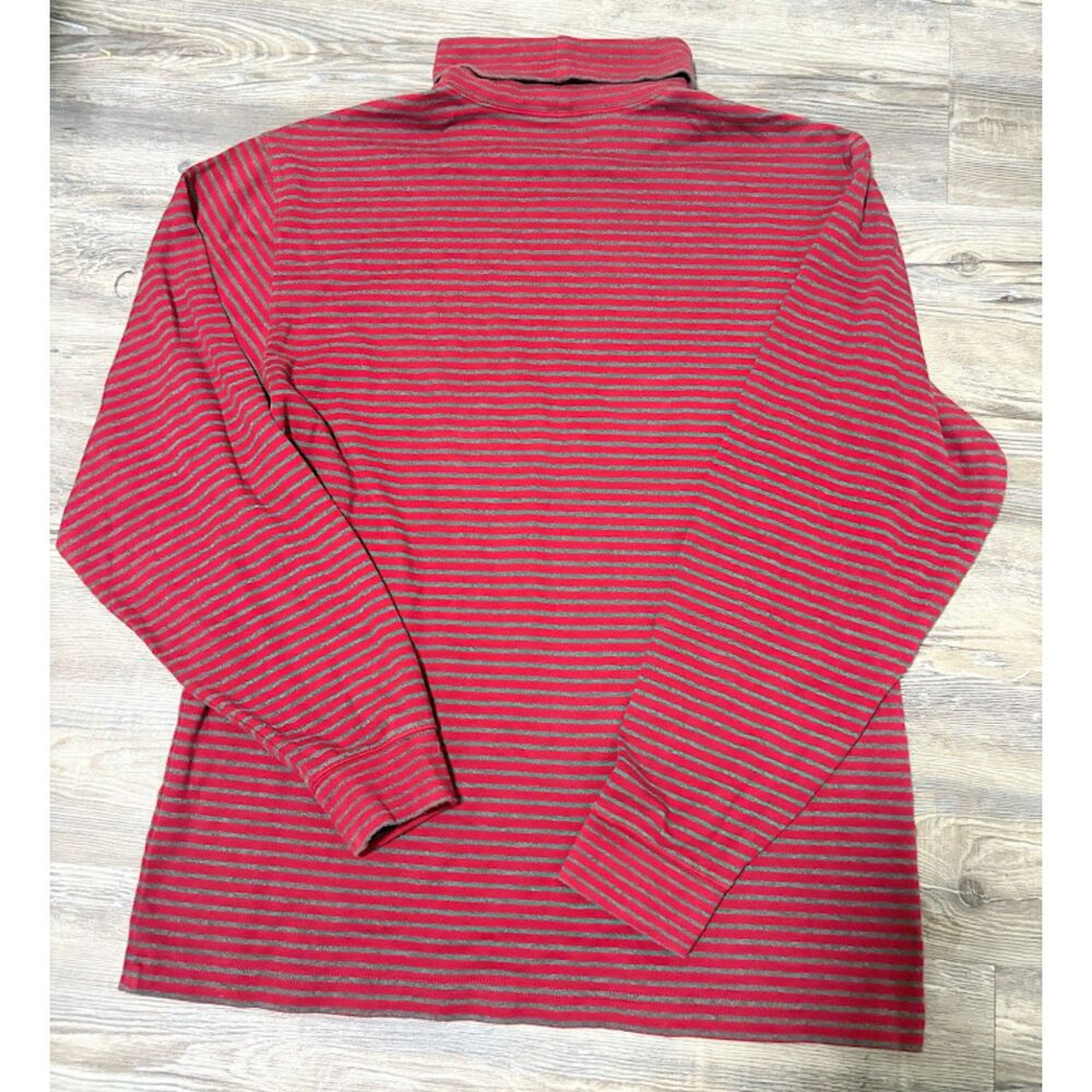 LL Bean Turtleneck M Red Gray Stripe Heavy Cotton Granola Girl Cozycore Casual